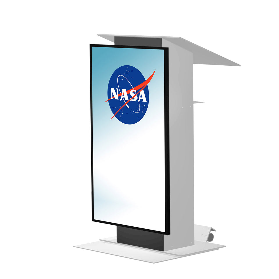 K5 lectern / podium LCD monitor with wheels - light grey from Urbann Products side view